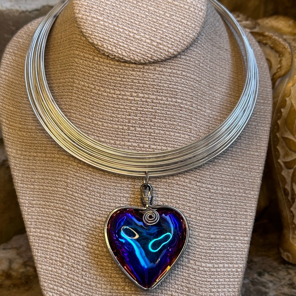 Huge Silver Glass Titanium Puff Heart Choker Necklace - Picture 3 of 12